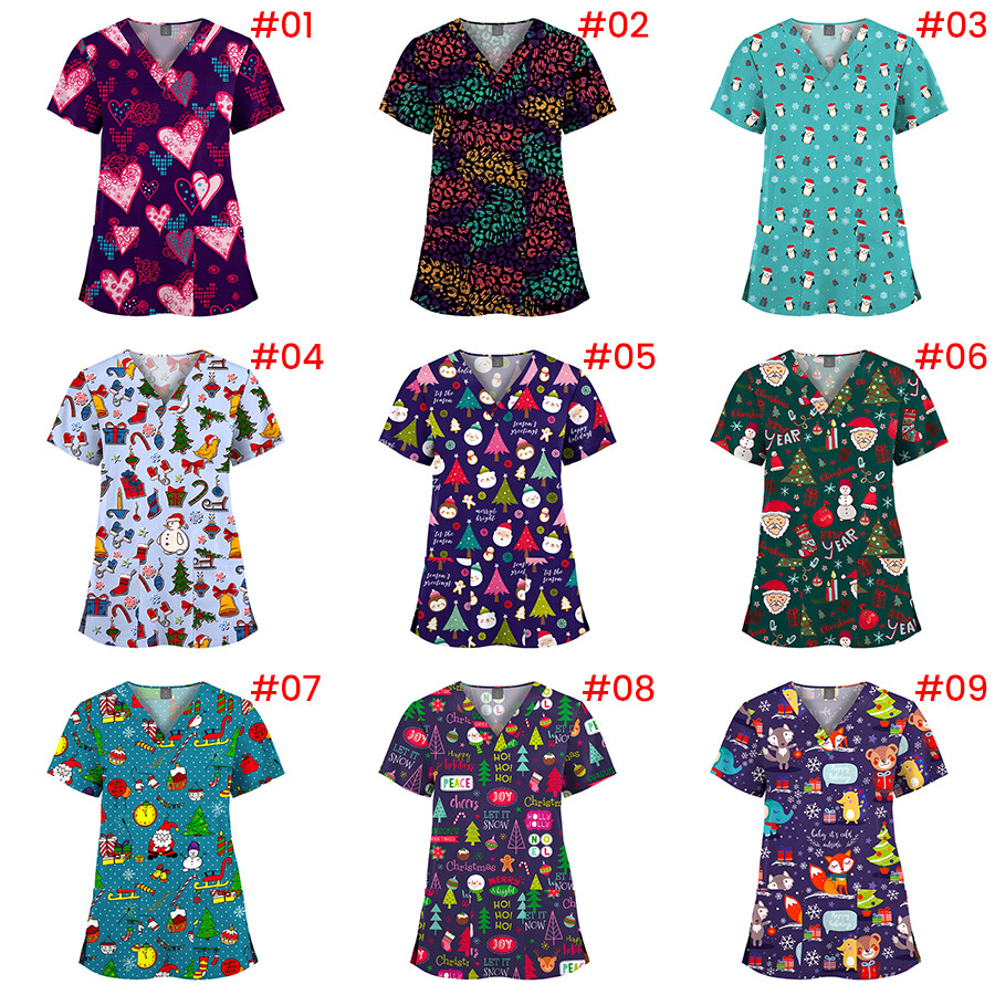 NiaaHinn Festival-Print Women Men Scrub Top Medical Nurse V-Neck Halloween Xmas