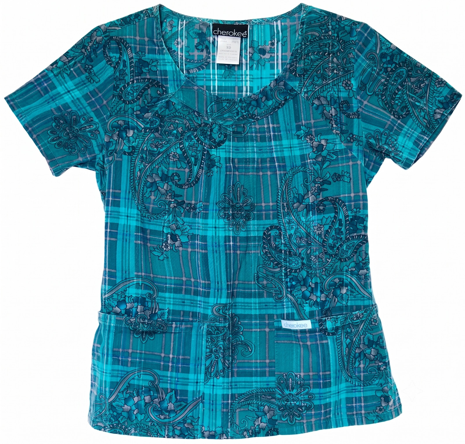 Cherokee Brand Women Medical Scrub Top – Teal Turquoise Paisley Floral Design