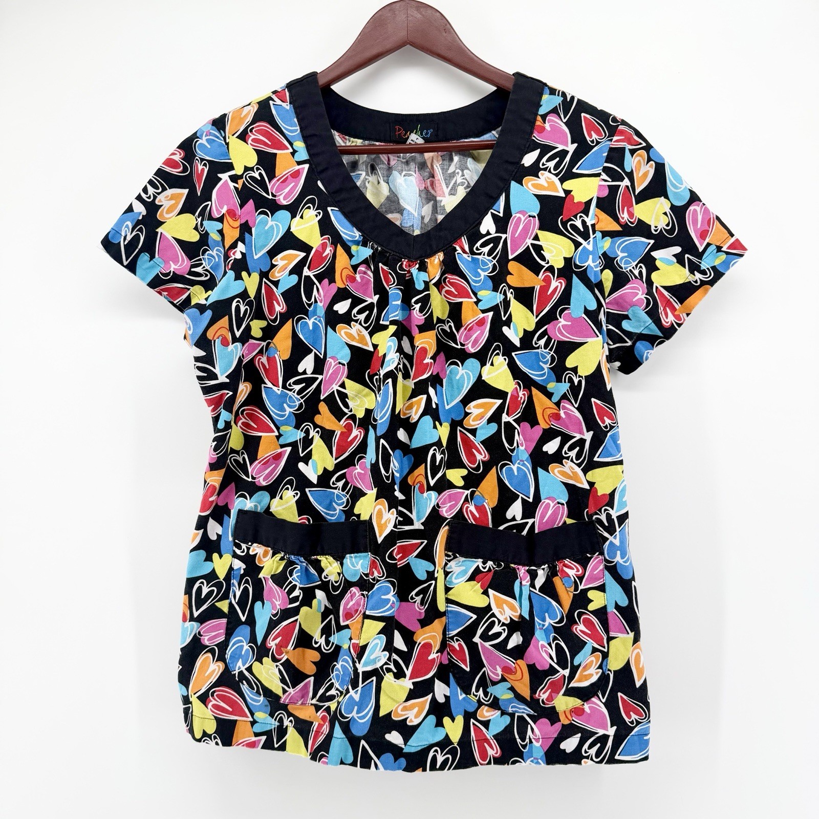 Peaches Medical Scrub Top Large L Black Colorful Multi Hearts VNeck Short Sleeve