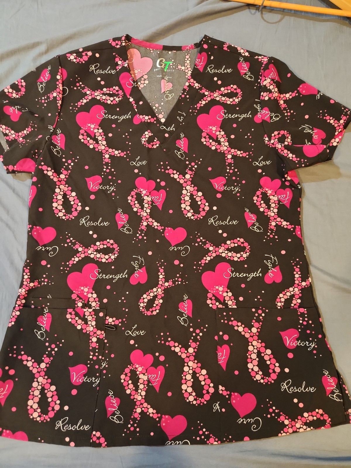 Lot Of 2 Preowned Size Med. Scrub Tops Pink, Black, Hope, Love, Cure, Strength