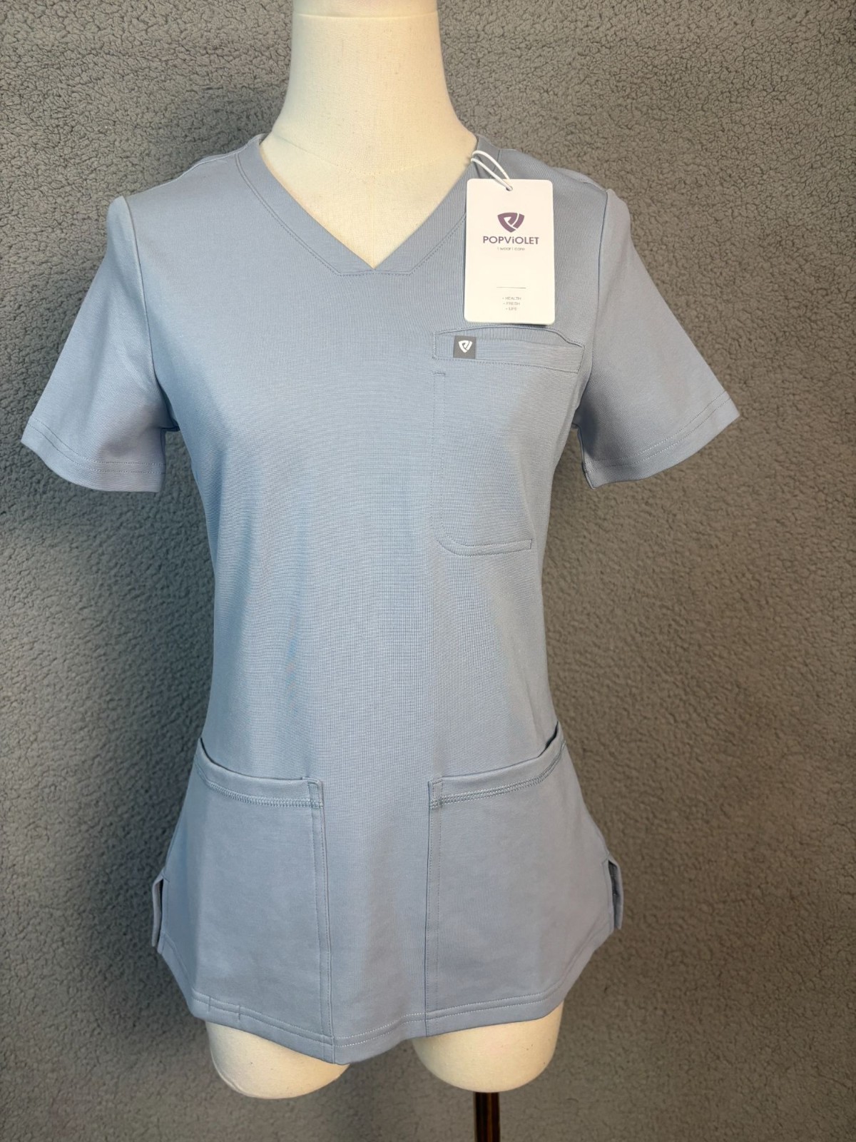 PopViolet Women’s Scrub Top Cambric Blue V-Neck Lightweight Size XS New With Tag