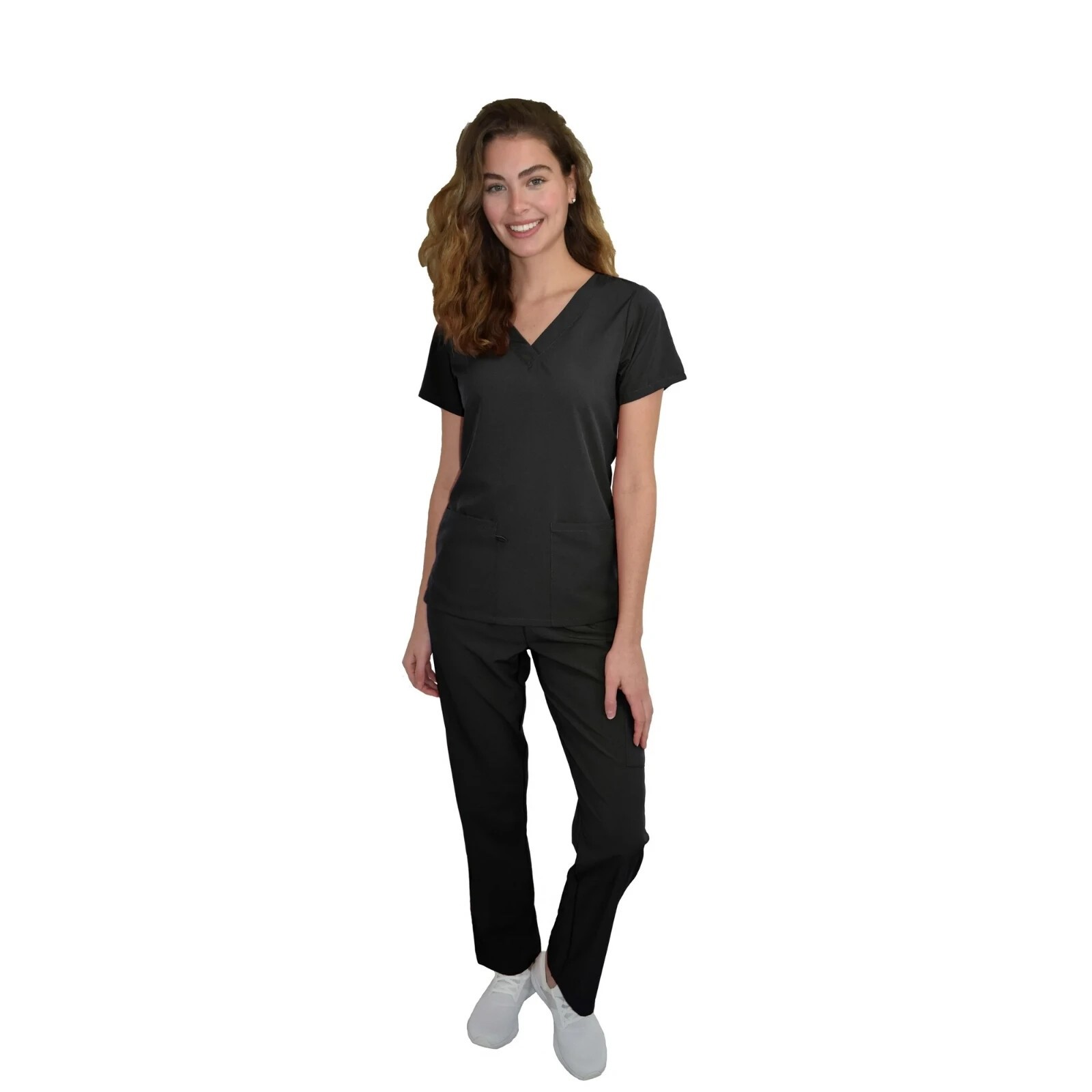 4FLEX Green Town Women’s V-Neck Scrub Set, Top & Bottom, Black, XL