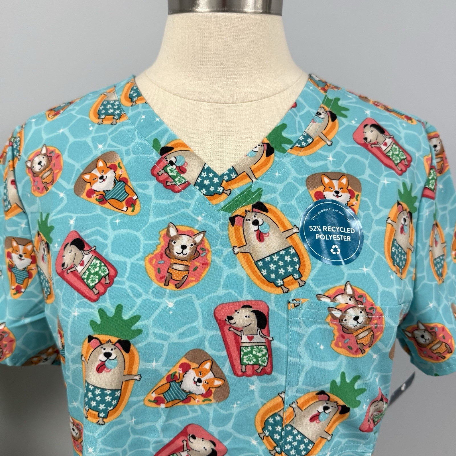 NWT Cherokee Scrub Top M Puppy Pool Party Aqua Turquoise Dog Dogs Scrubs Vet RN