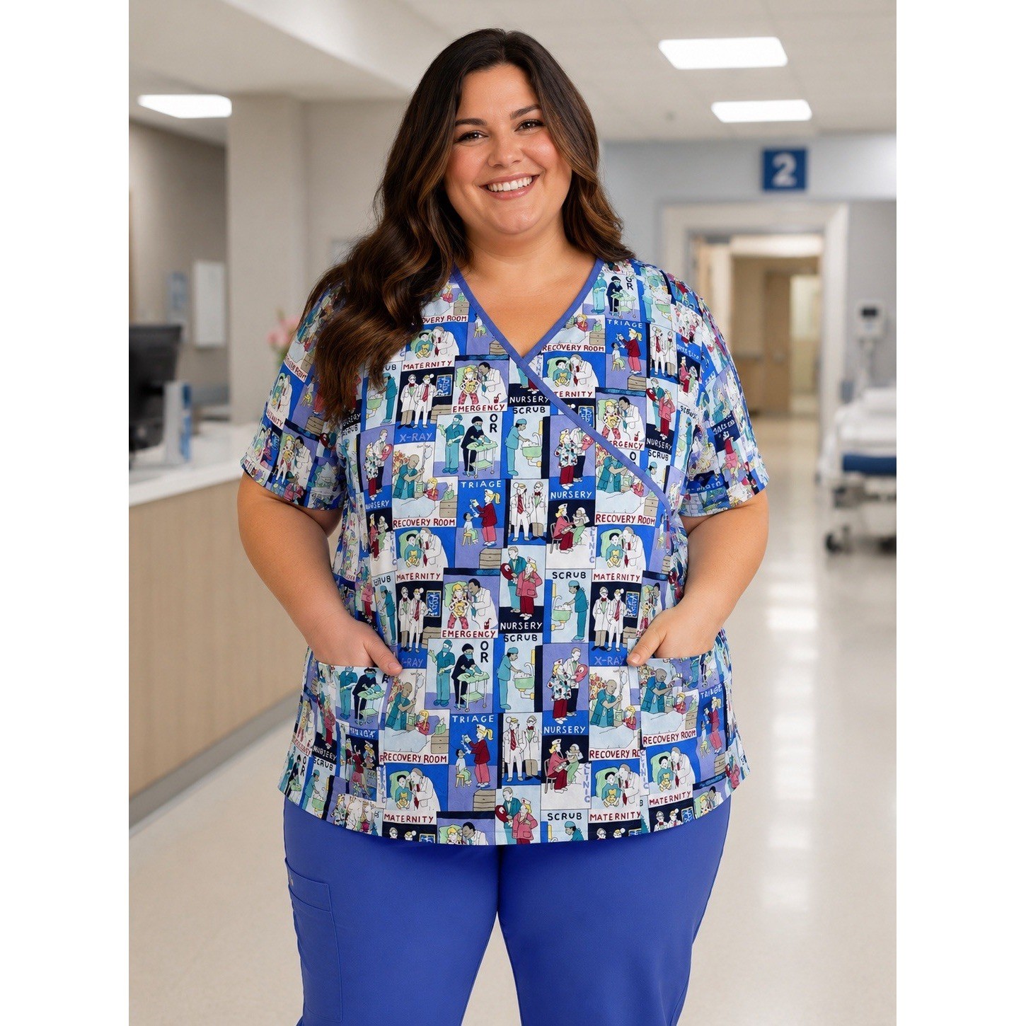 Fashion Scrubs Womens Mock Wrap V Neck Scrub Top 3XL Hospital Nursing Plus Size