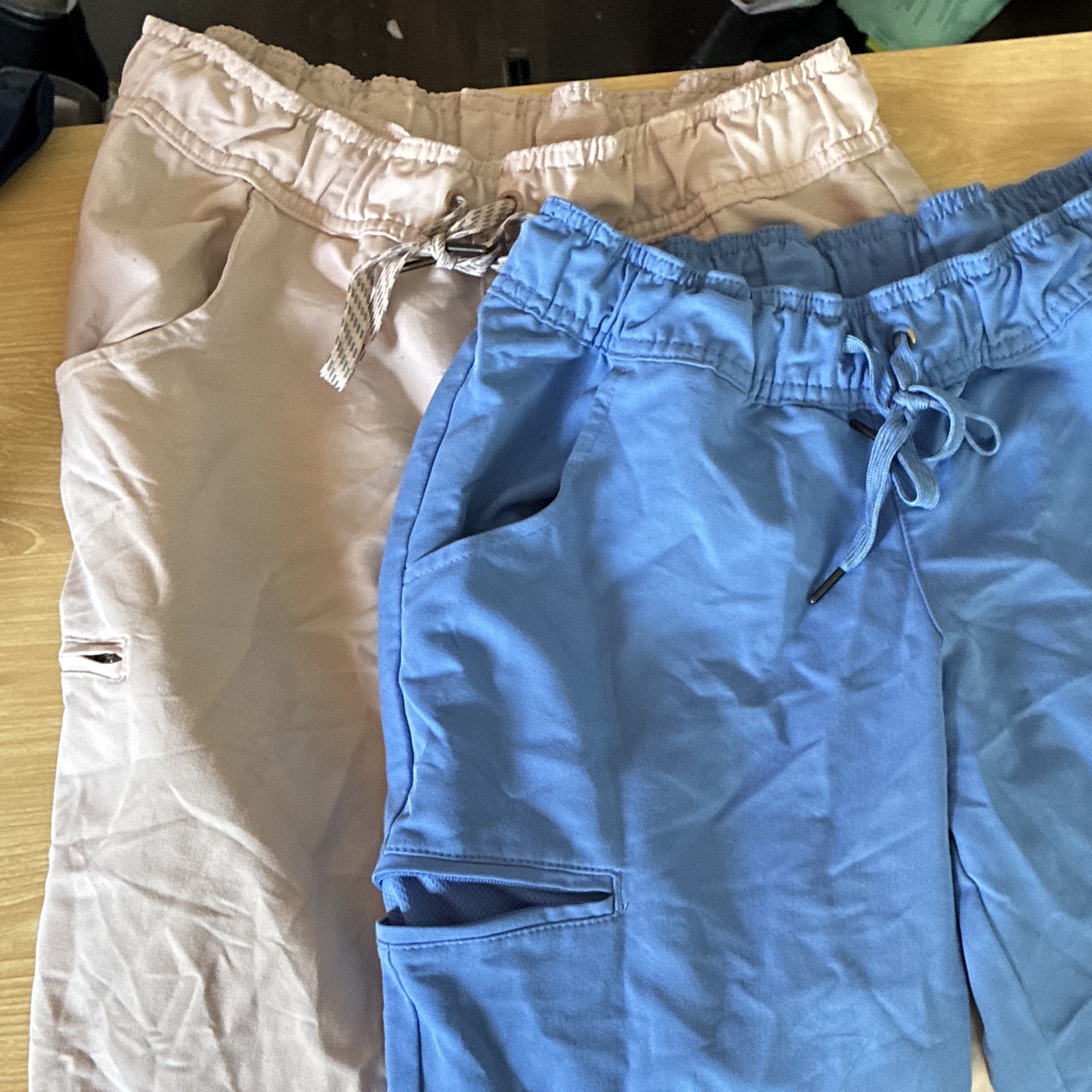 2 pairs Jaanuu Women’s Scrub Pants XSP Blue/Beige Solid Drawstring Elastic Waist