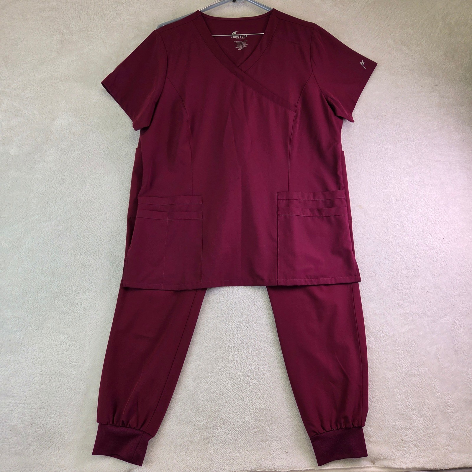 Bhu Flex Womens Burgundy Scrub Set V-Neck Top Jogger Pants Wine Large