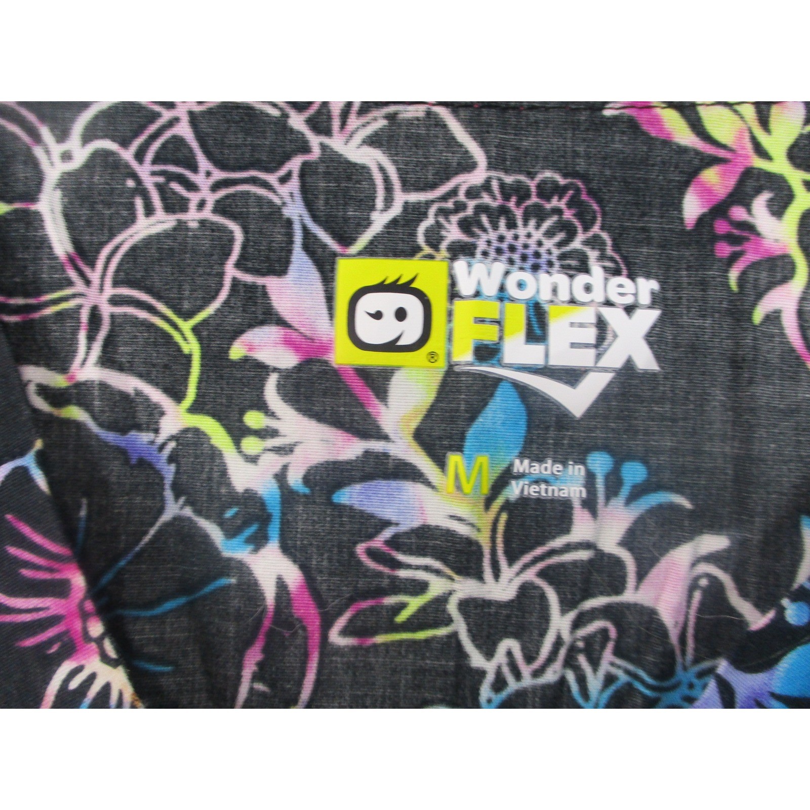 WonderWink WonderFlex Womens Scrub Top Medium Black Neon Floral V-Neck Medical