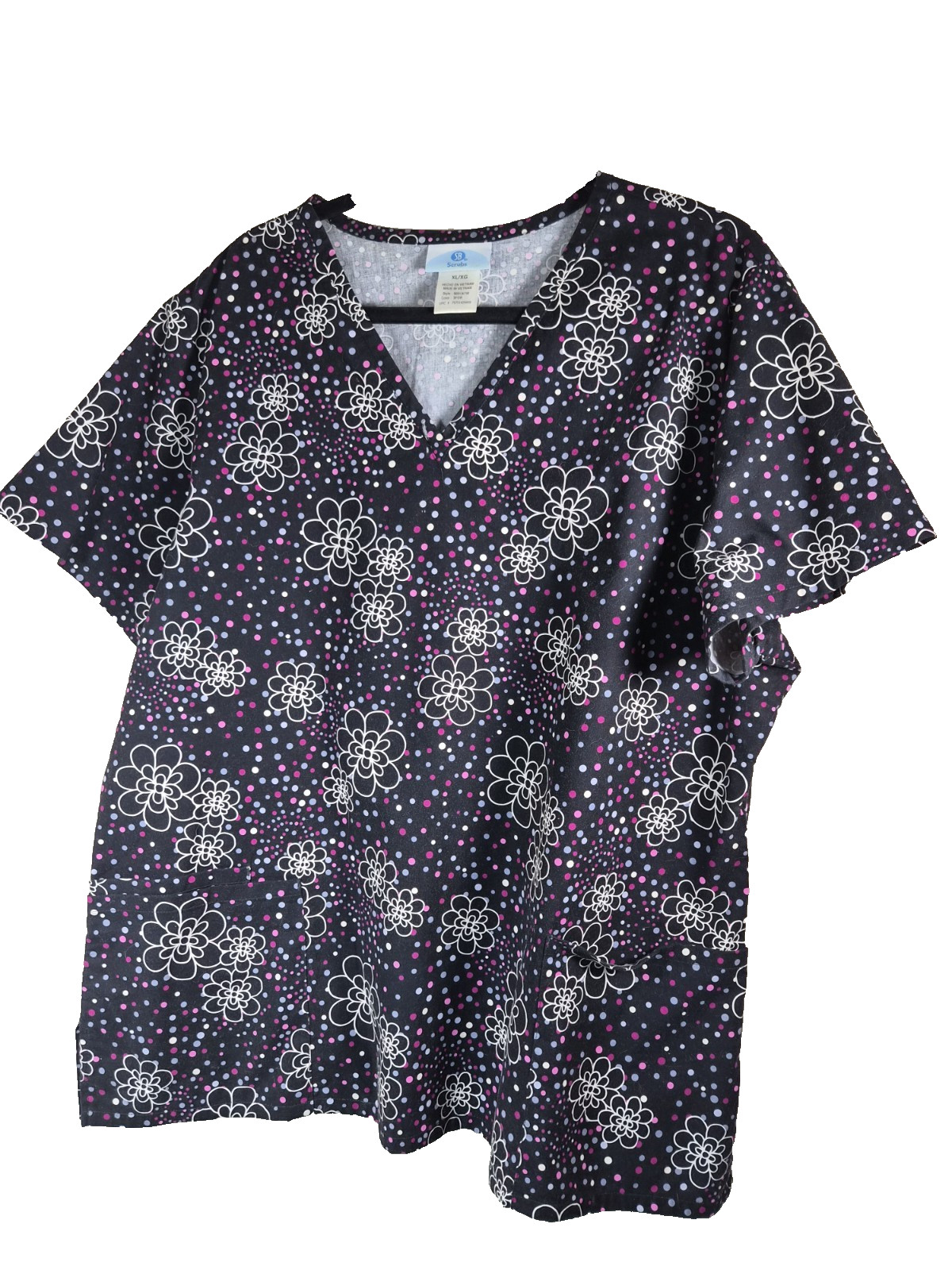 SB Scrubs Black Top White Flowers And Pink, White, Gray Polka Dots Uniform XL