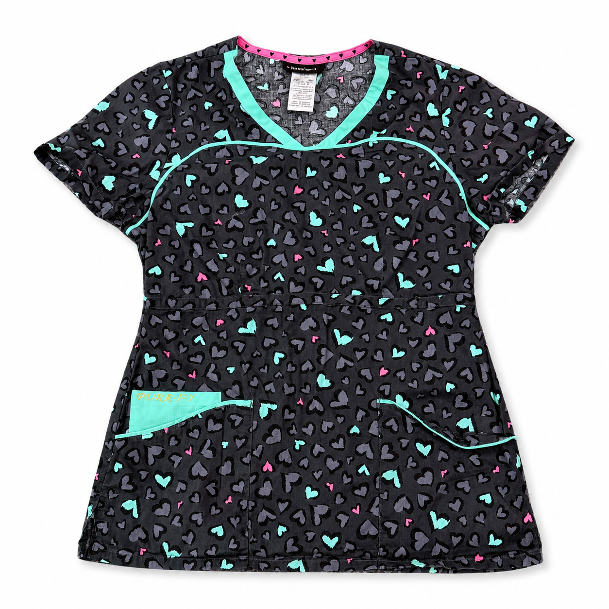 Heartsoul Scrub Top Womens Small Gray Heart Print V Neck Pockets Nurse Medical
