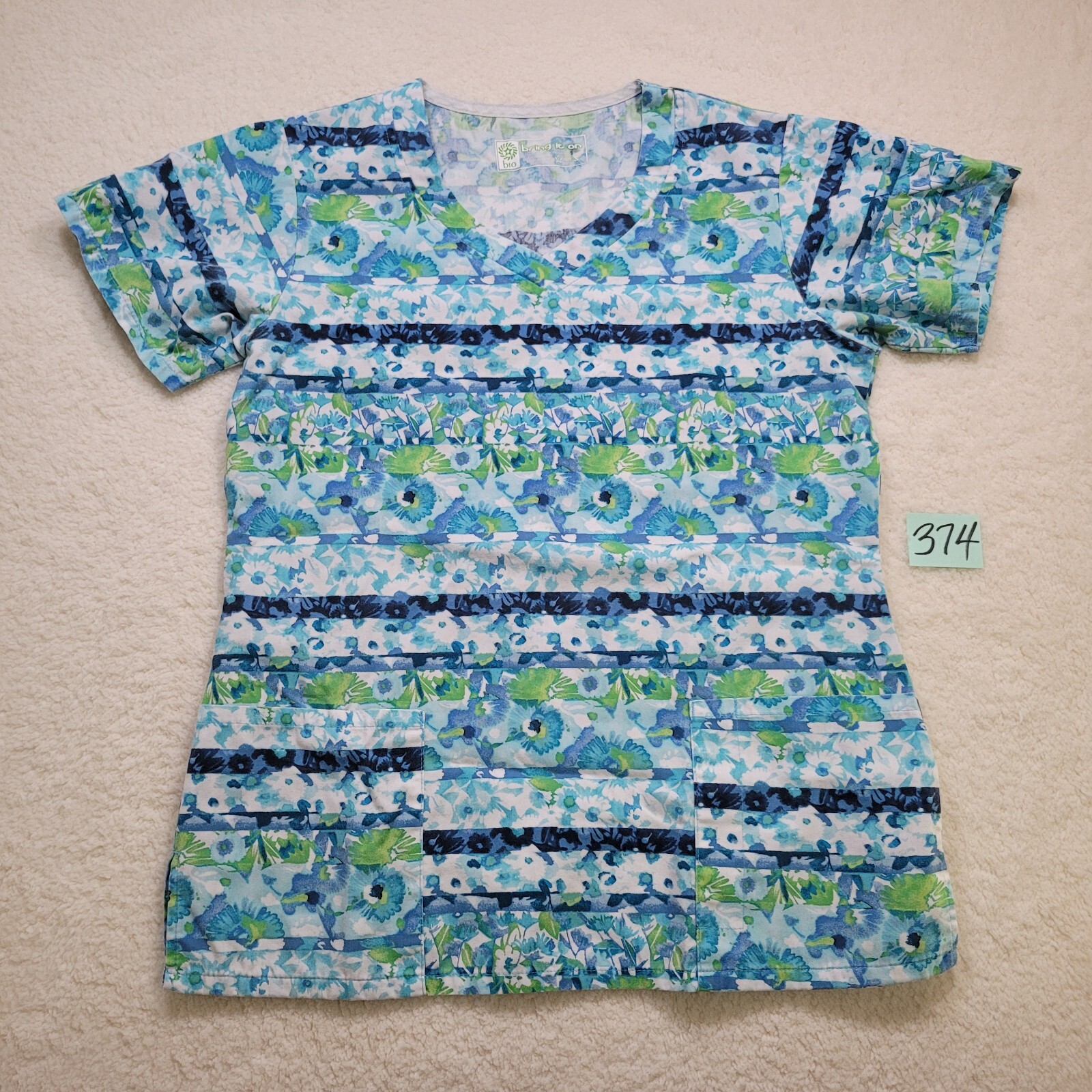 bio Bring It On Scrub Top Women’s S Floral Lightweight Polyester Cotton