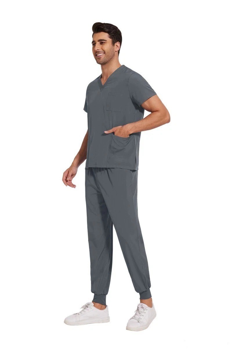 Grey Nurse Scrub Set for Men Medical Uniform Jogger Pants Pockets S M L XL 2XL