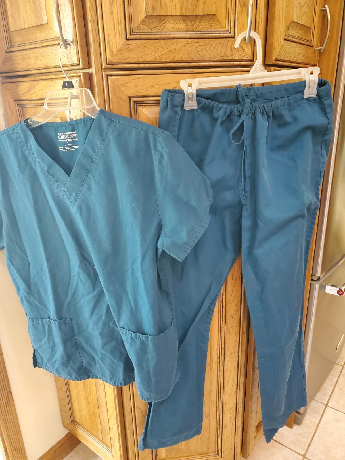 Womens Cherokee 2 pc Scrub Set V neck top Drawstring pants Size M Teal Blue