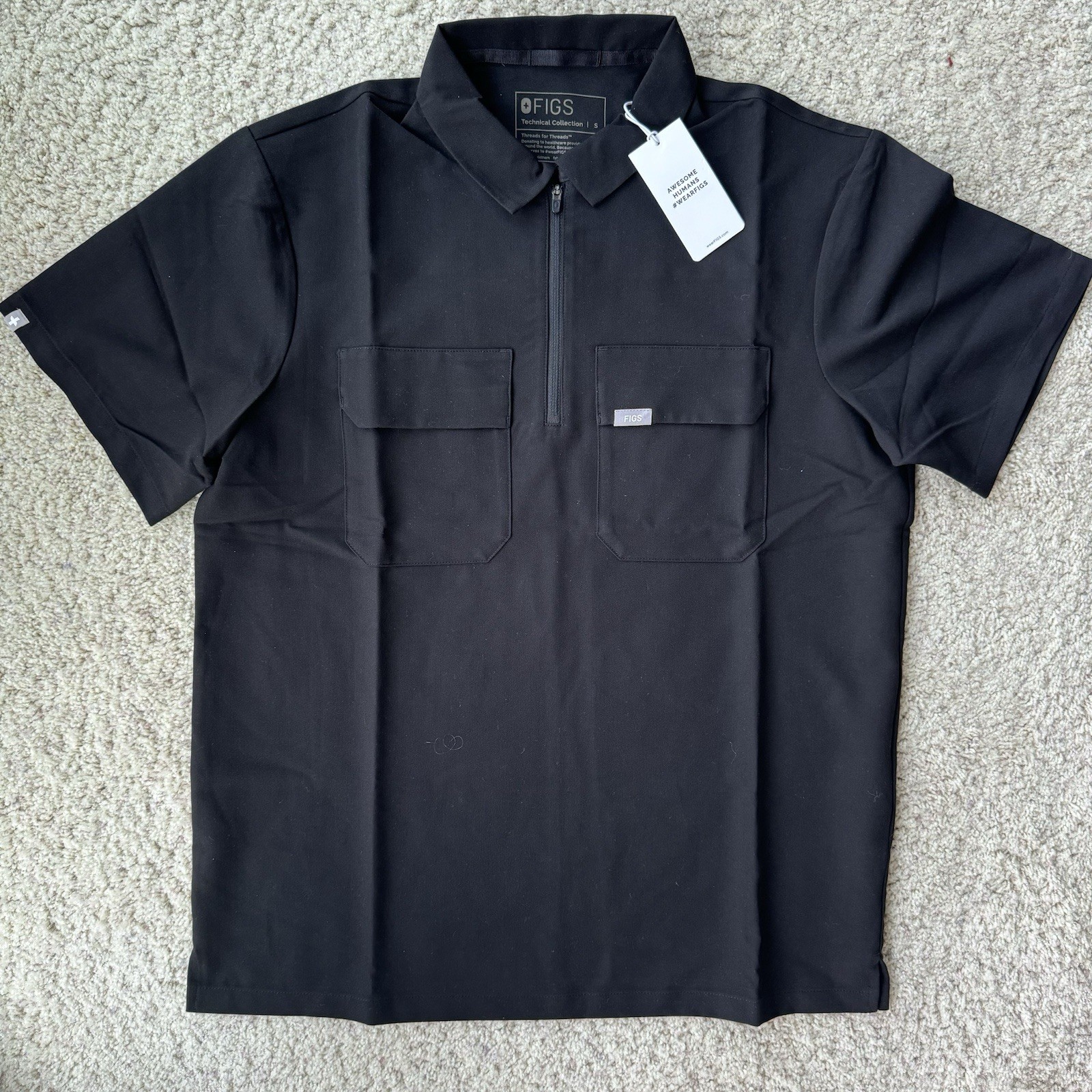 NEW! FIGS Classic LIMA Zip Cargo Polo! Black Collared Scrub with Pockets, Small!