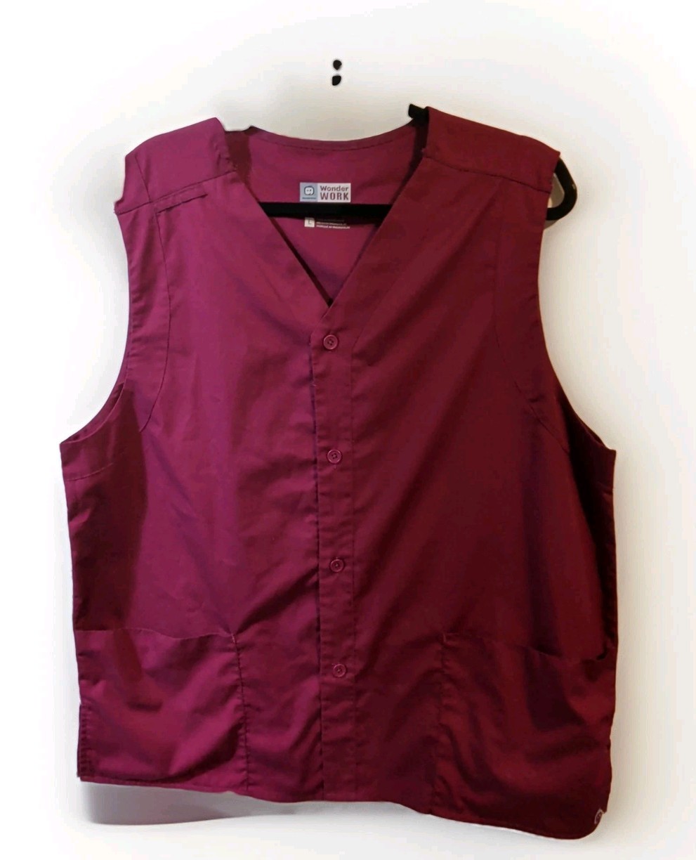 Wonder Wink Work Button Front Scrub Lab Work Vest Wine Red Large EXCELLENT!
