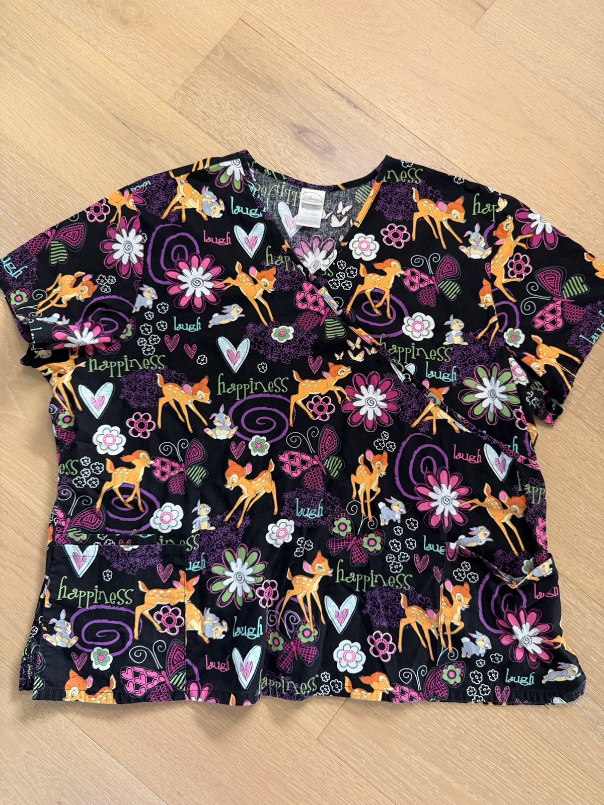 Disney Women Scrub Top 3X/3XG Black Graphic Bambi Characters Cartoon Print
