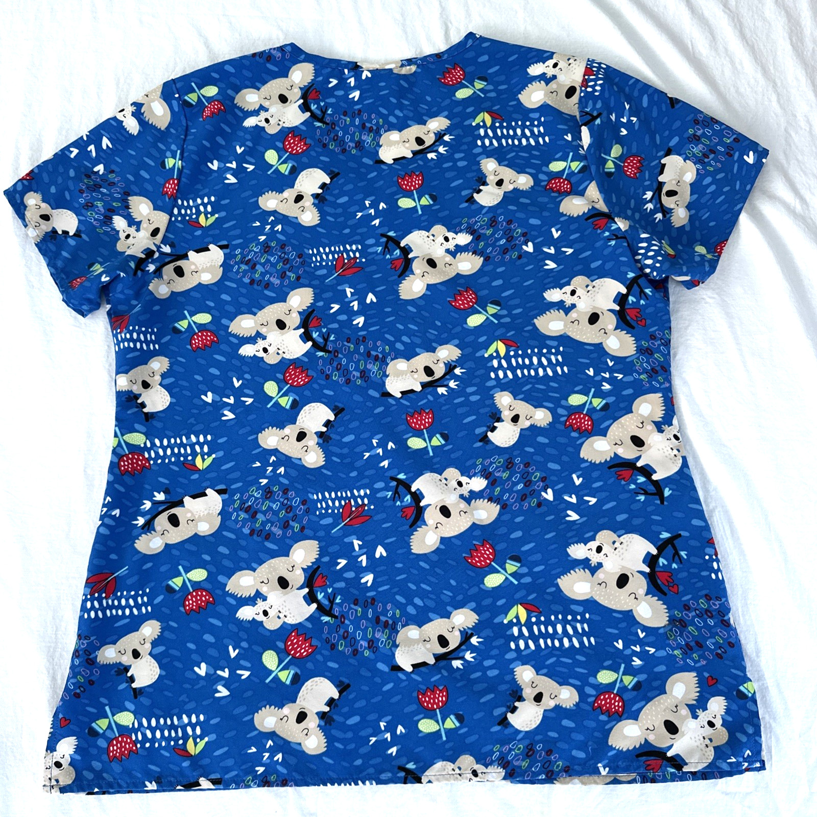 Zoe + Chloe Scrub Top Womens Medium Blue Koala Bears Floral Medical Nurse Peds