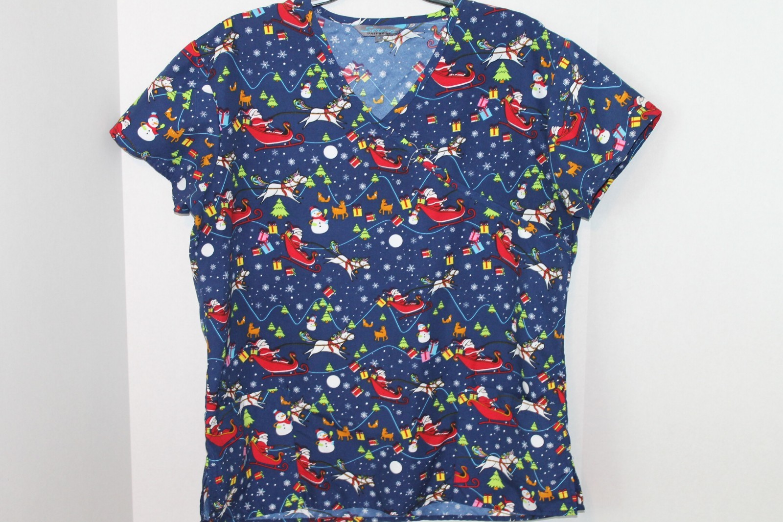 Serene Uniforms Womens Blue Christmas Santa Unicorn Scrub Top Size M