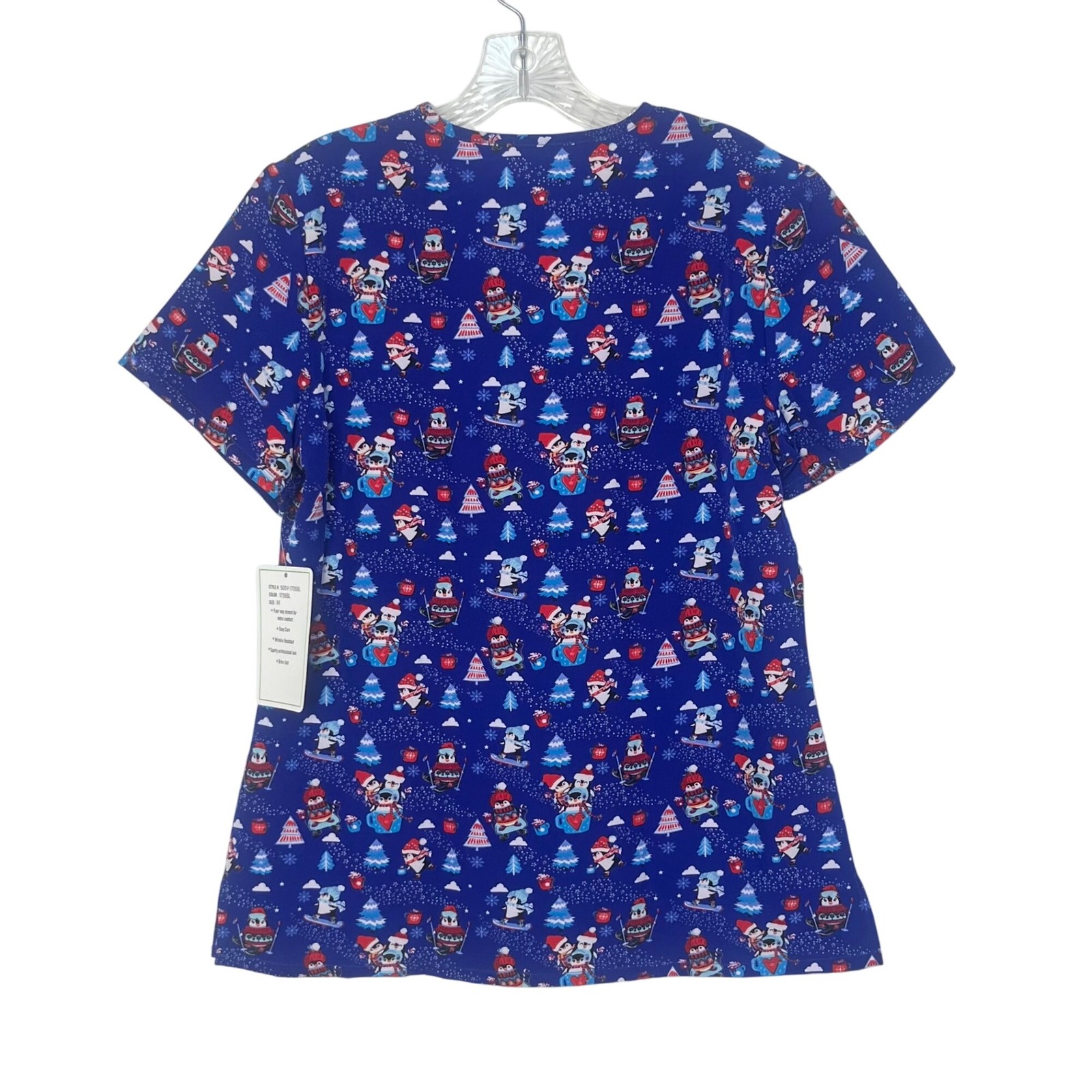 GT Performance Christmas Penguin Print Scrub Top Womens Medium Blue New