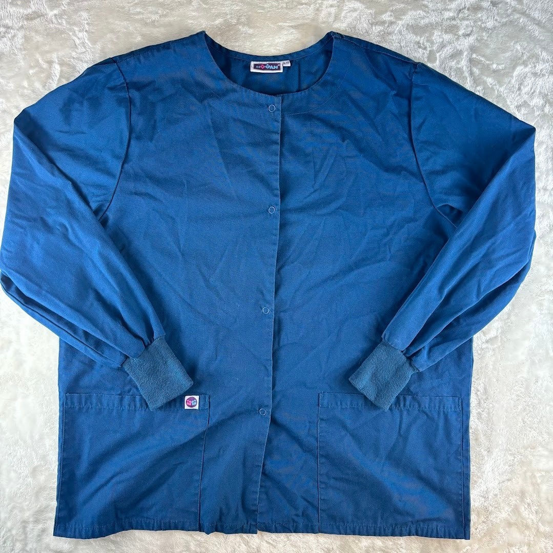 Sivvan Scrubs Top Blue Women’s Large Full Snap Pockets Long Sleeves