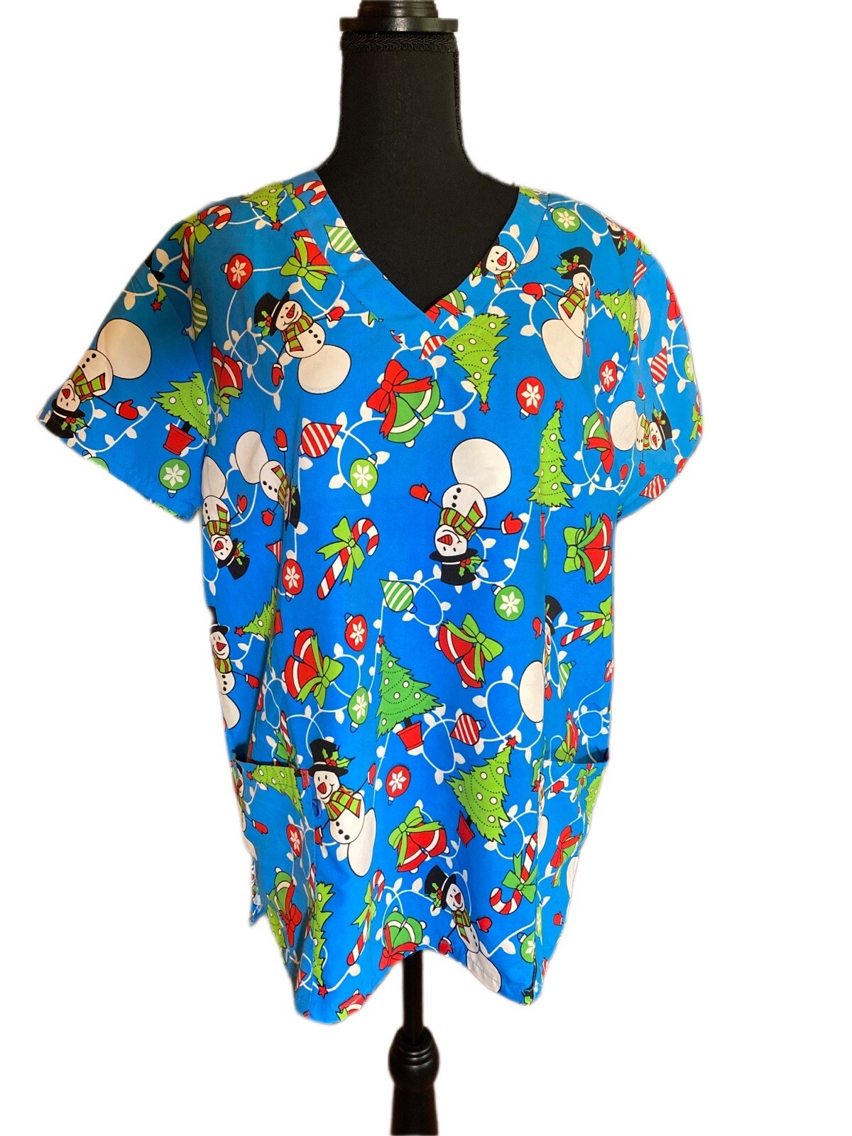 Christmas Scrub Sz L Snowman Christmas Trees No Name 100% Polyester Two Pockets
