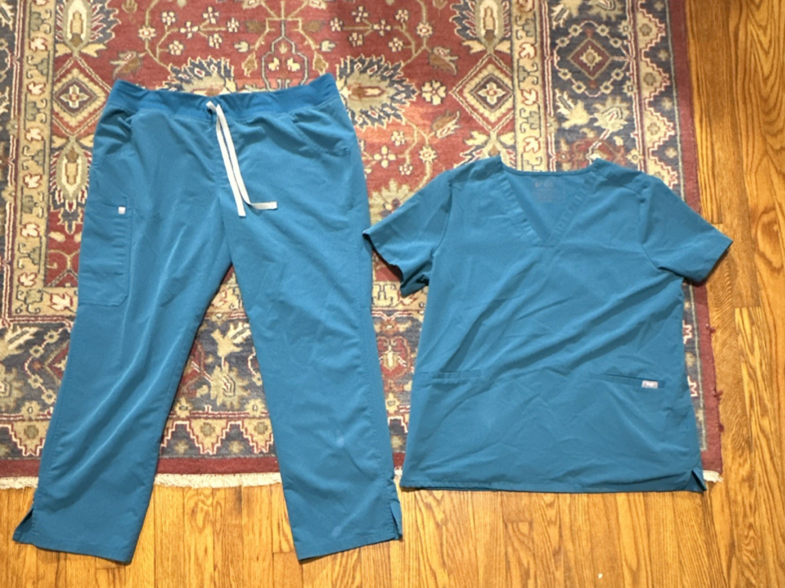 FIGS Technical Collection Teal Blue Scrubs Set XL Top & Pants Drawstring