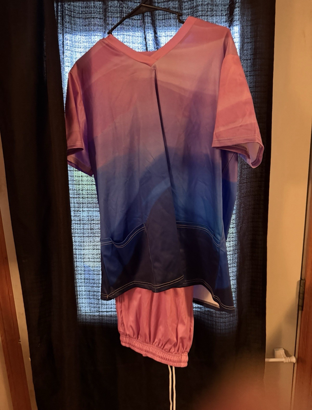 Handmade Unisex Pink/Blue Ombre Medical Scrub Set V-Neck Pockets L