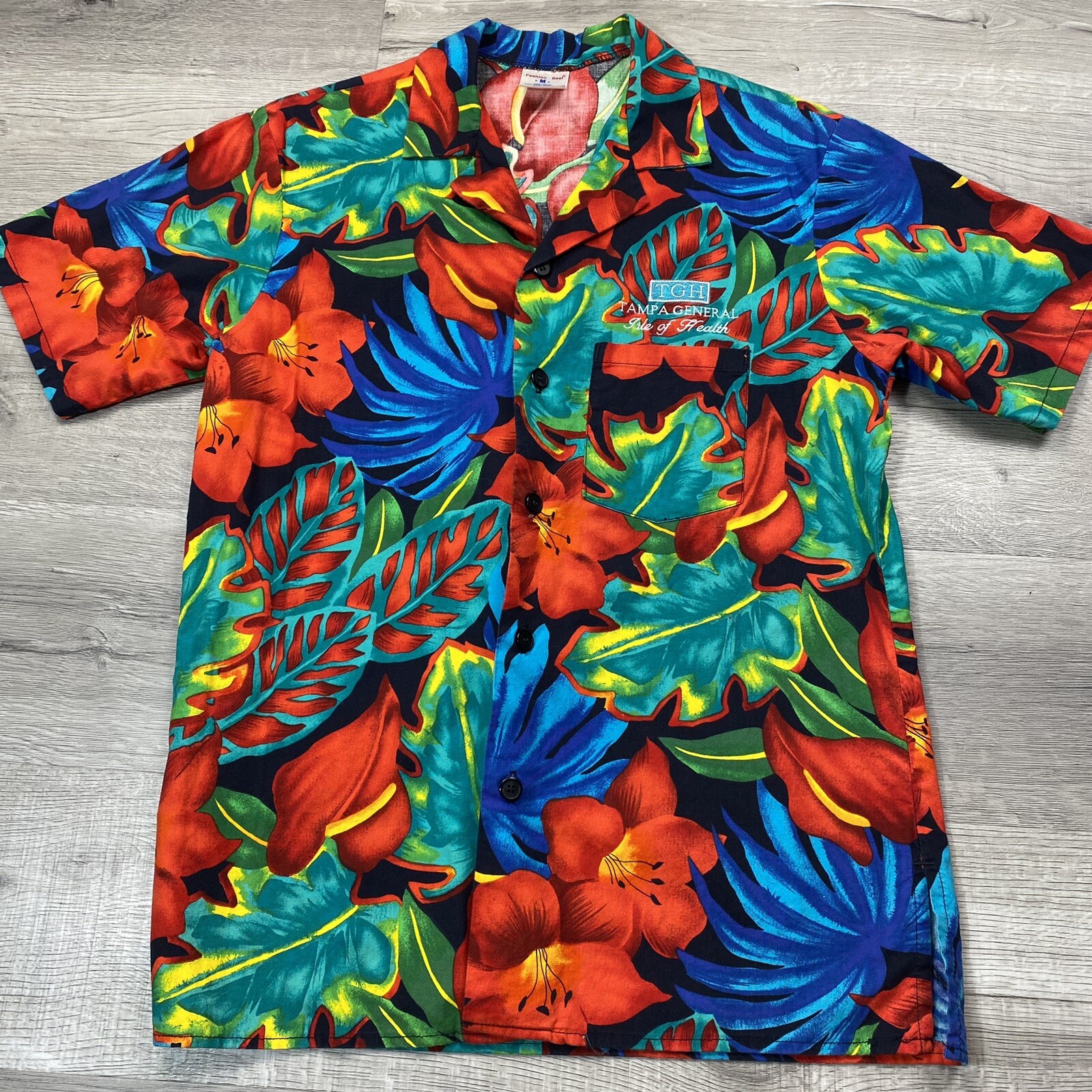 Vintage FASHION SEAL Floral Hawaiian Aloha Short Sleeve Scrub Top Made in USA