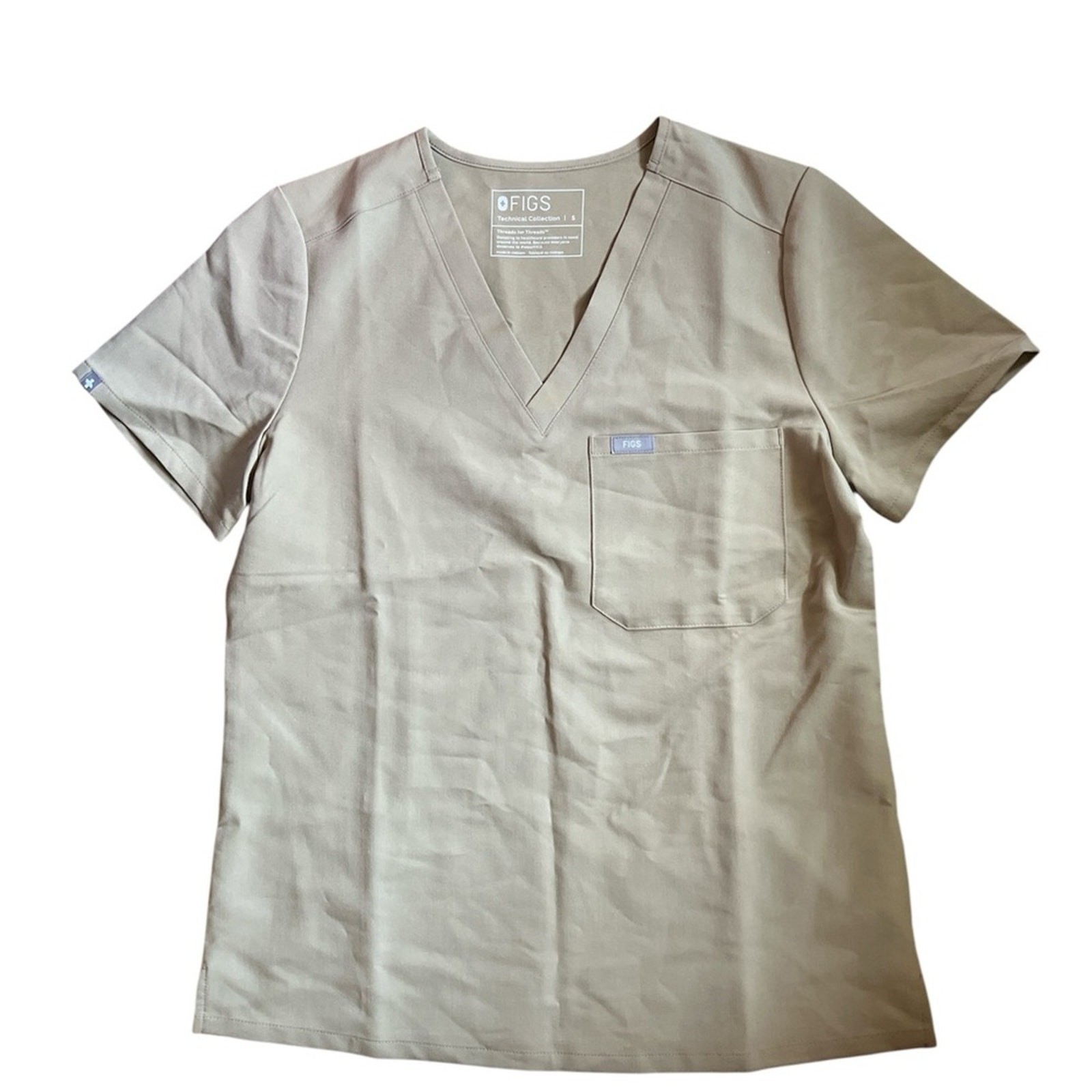 Figs | Khaki Tan Short Sleeve Scrubs Top Technical Collection Relaxed Fit Size S