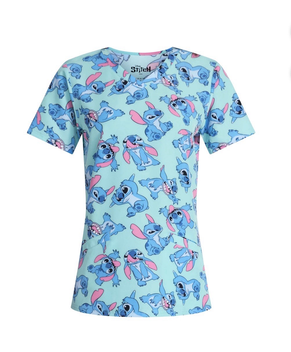 DISNEY Women’s Size L Stitch Graphic Scrub Top V-Neck Front Pockets • Turquoise