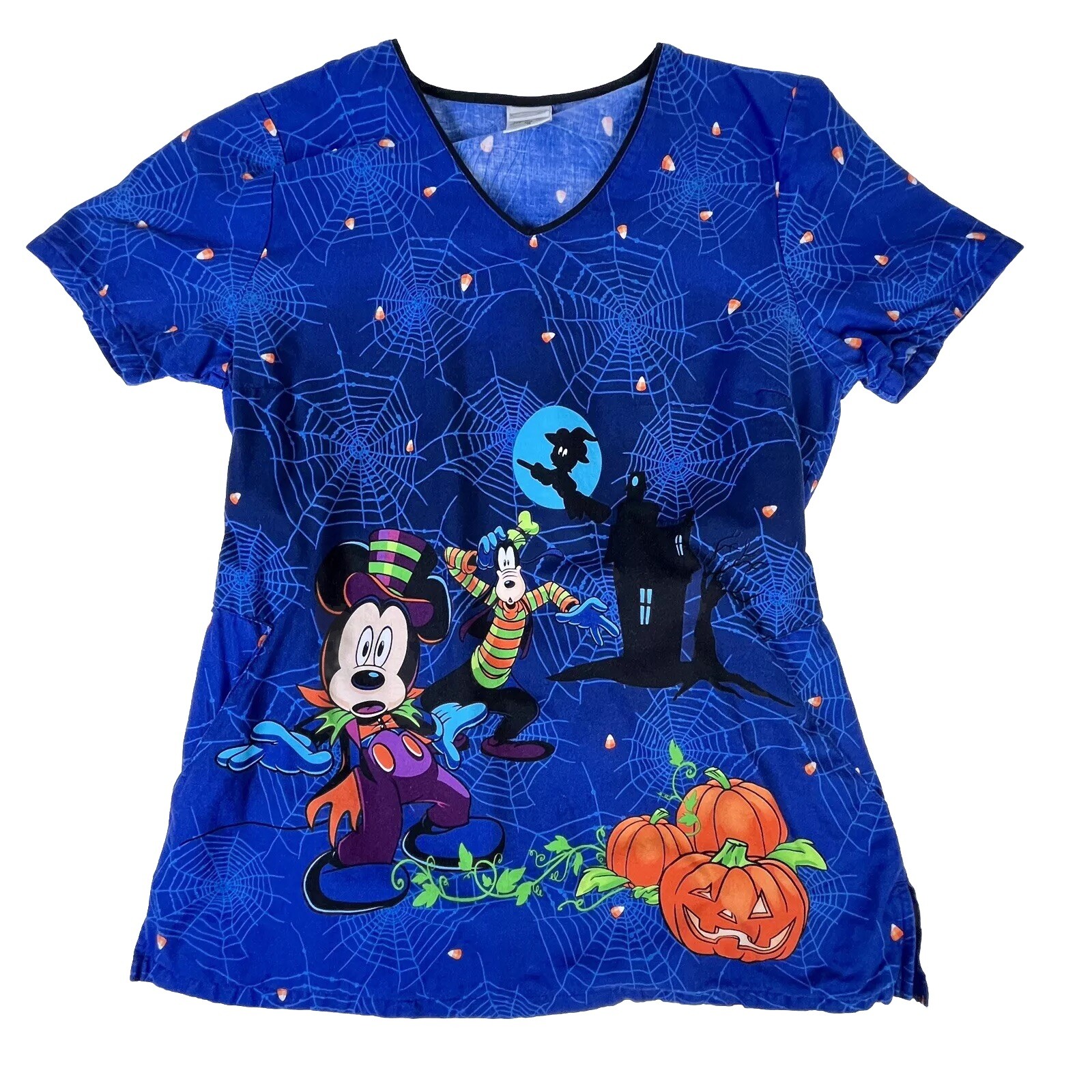 Disney Halloween Scrub Top Mickey Mouse Goofy Pumpkins Medical Dental Vet Small