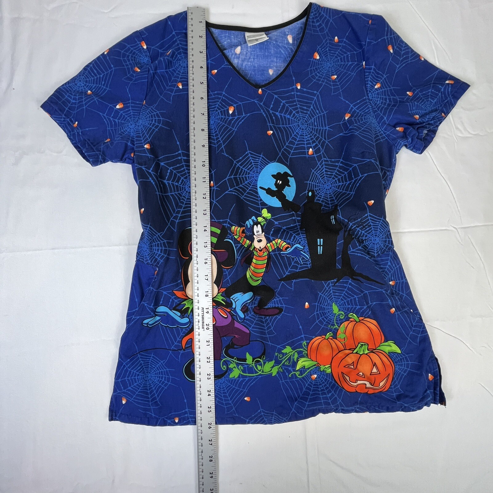 Disney Halloween Scrub Top Mickey Mouse Goofy Pumpkins Medical Dental Vet Small