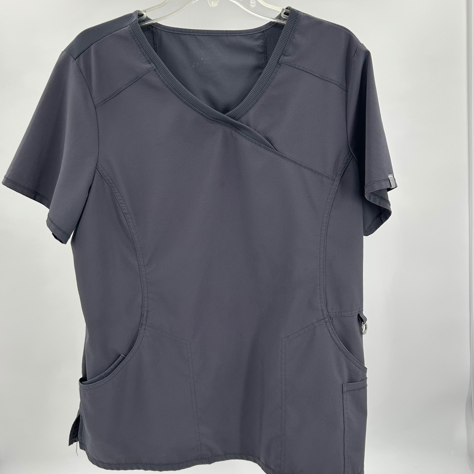 Cherokee Infinity Womens Mock Wrap Scrub Top Gray Short Sleeve O-Ring Pocket XL