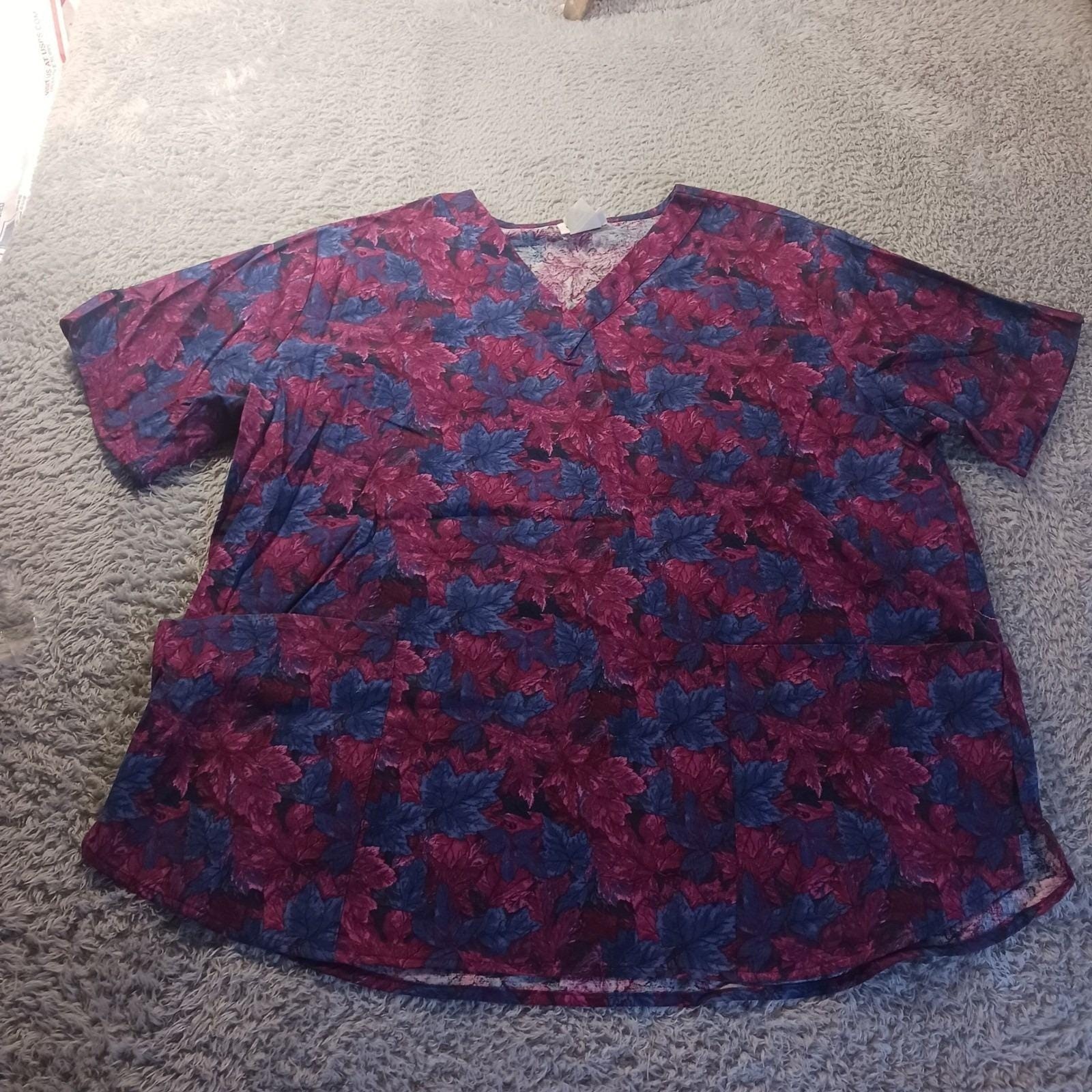 Apple Life Leaf Print Scrub Top 2XL Plus Size Cotton Medical Nursing Burgundy