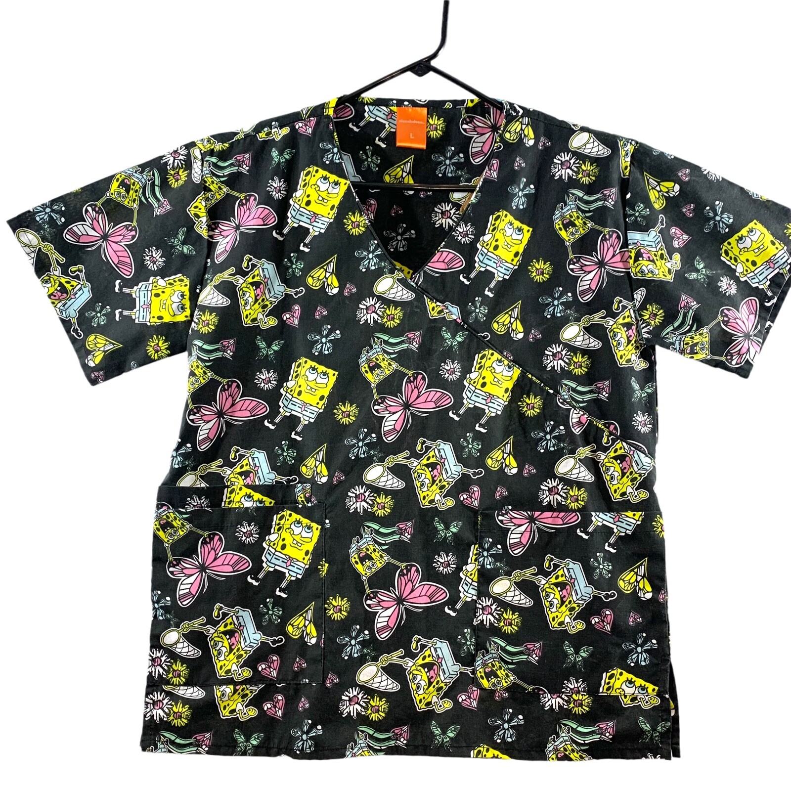 Nickelodeon Large Spongebob Catching Butterflies Scrub Top Black Butterfly w/Tie