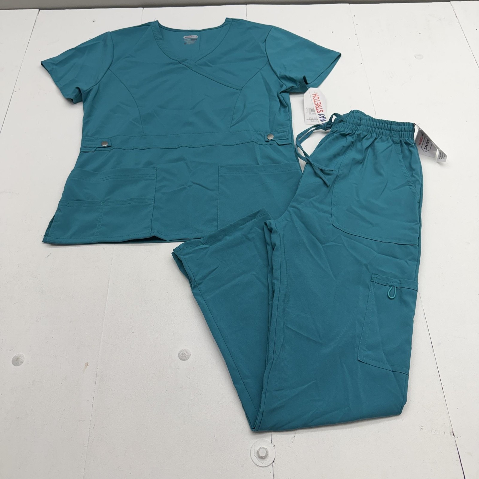 Scrubaid Scrub Set Womens M Teal V Neck Top Pants 4 Way Stretch Medical Pockets