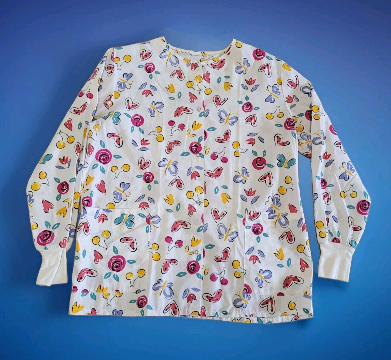 ❤️Vintage 80s 90s Scrub Jacket Unisex L Floral Hearts Butterflies Made in USA