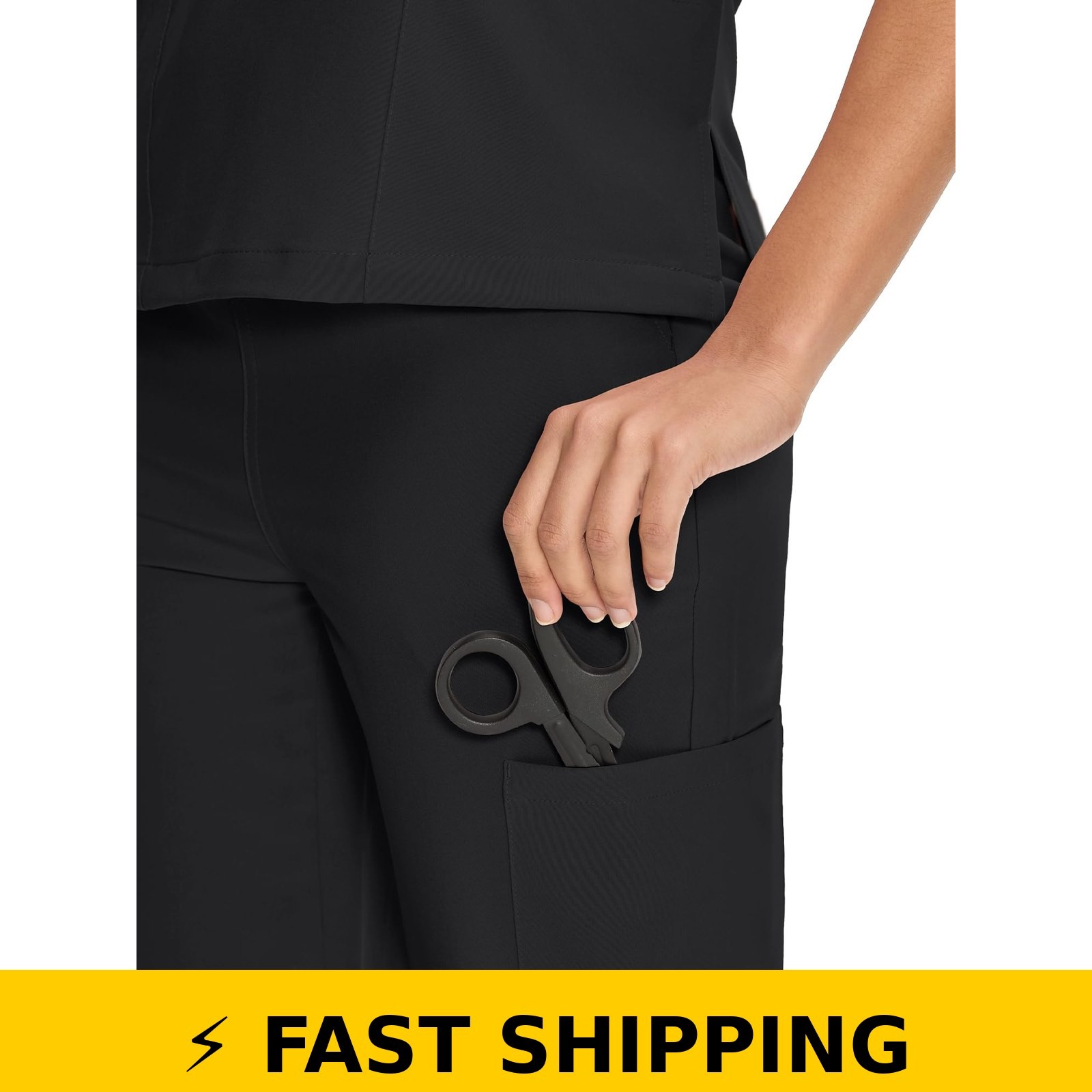COZYFIT Scrubs for Women – V-Neck Top & Straight Leg Pants, Black, M