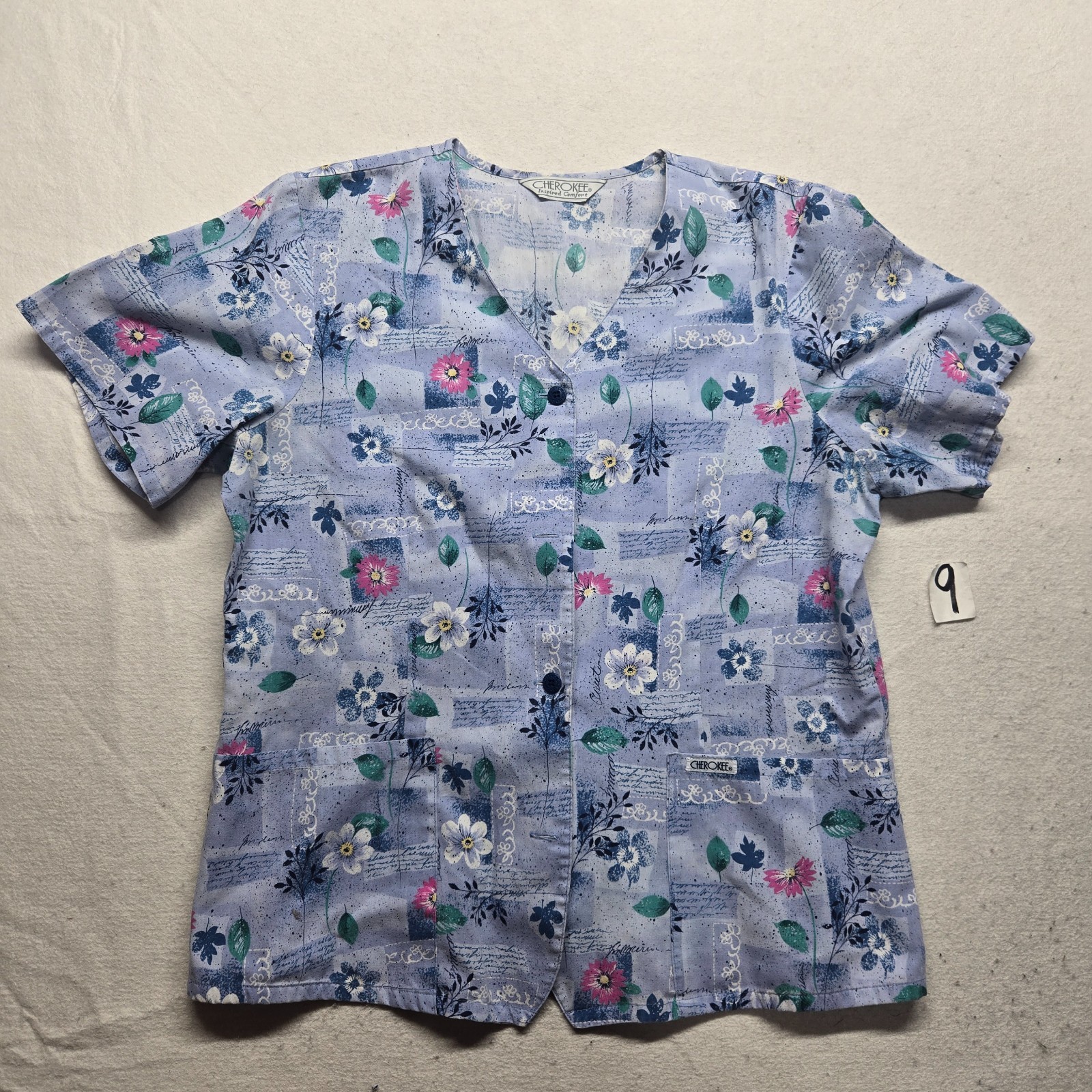 Crest Blue Cotton Button Scrub Floral Flowers V Neck Top Shirt Women’s M Medium