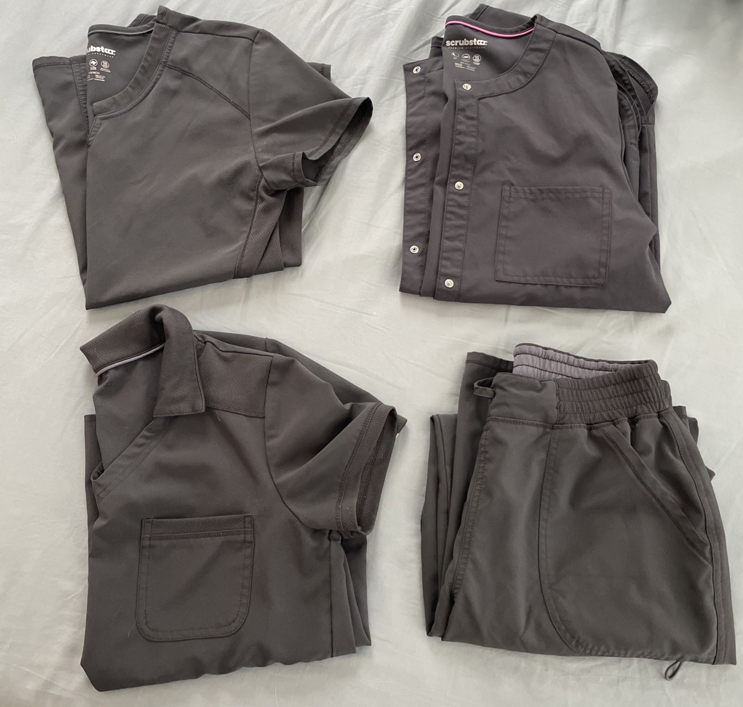 Women’s Scrubstar Scrub Lot 4pc Pewter Dark Grey XS, 2 Scrub Tops, Pants, Jacket