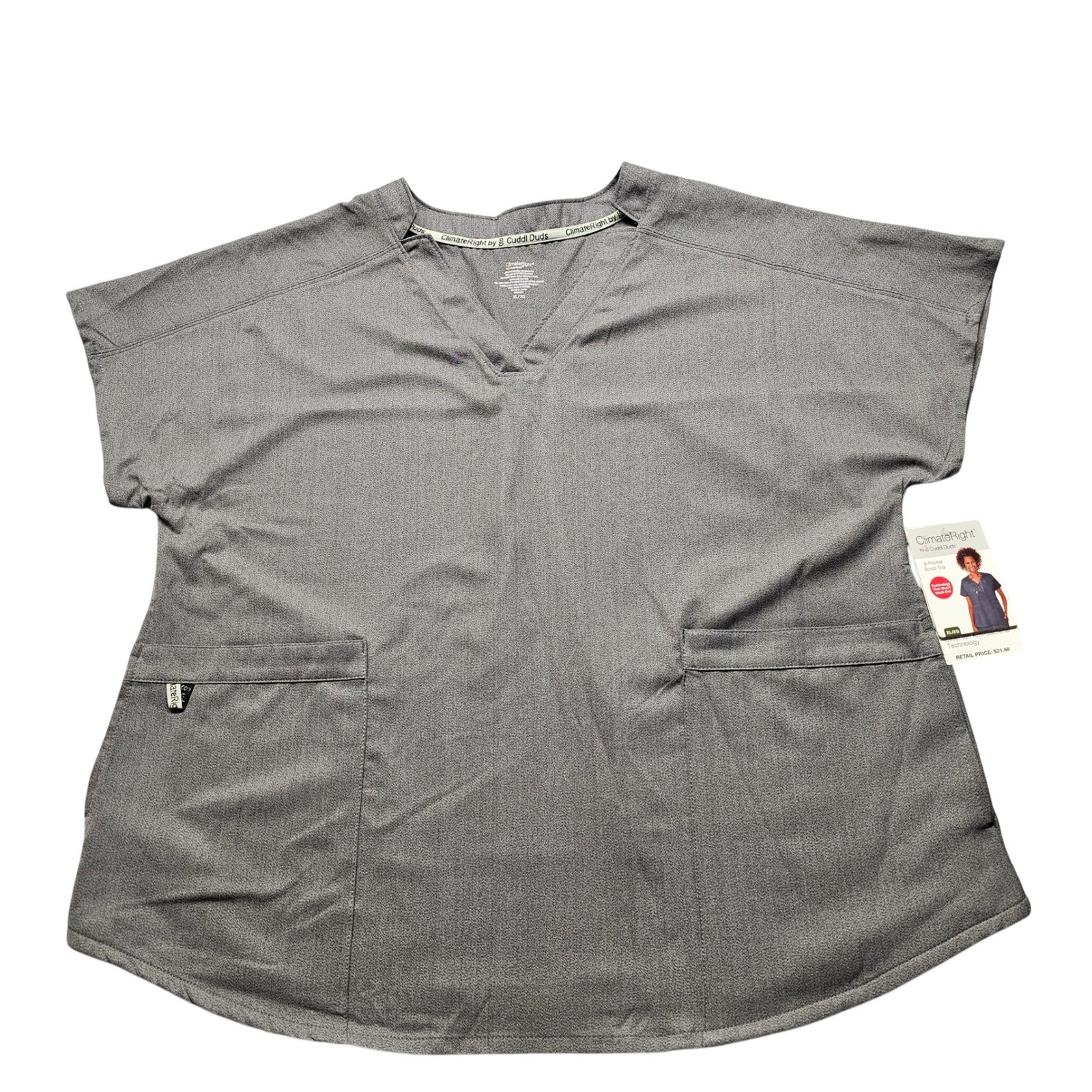 NWT ClimateRight by Cuddl Duds Womens XL Grey V-Neck 6-Pocket Scrub Top Heather