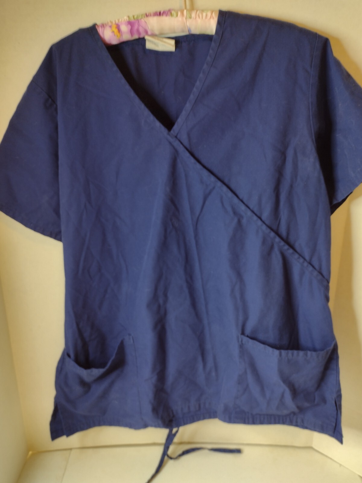 Allheart Scrub Basics Solid Blue Scrub Top Shirt Size Large Tie back (U1)