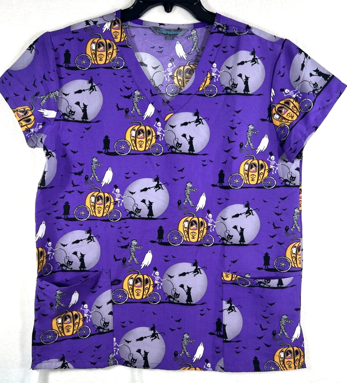 Serene Uniforms Women’s S Scrub Top Purple Halloween Skeleton Witch NEW