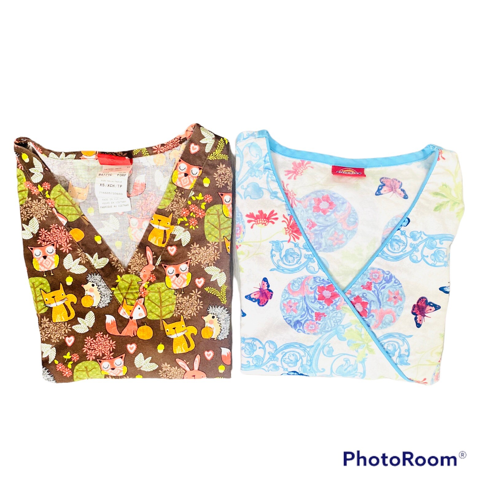2 Dickies Scrub Tops Womens XS Mock Wrap V-Neck Fox Owl Butterflies Print #84771