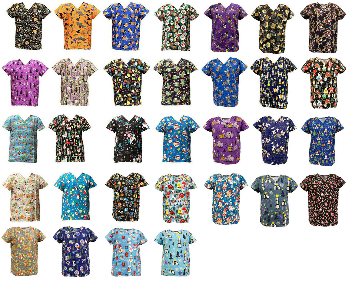 Women’s Fashion Halloween Christmas Holiday Medical Nursing Scrub Tops S to 3XL