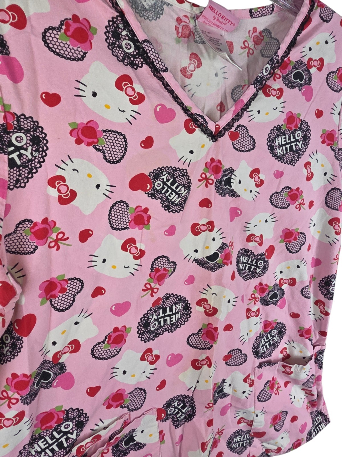 Hello Kitty Sanrio SMALL Women’s Scrub Top Medical Pink Red Hearts Cherries