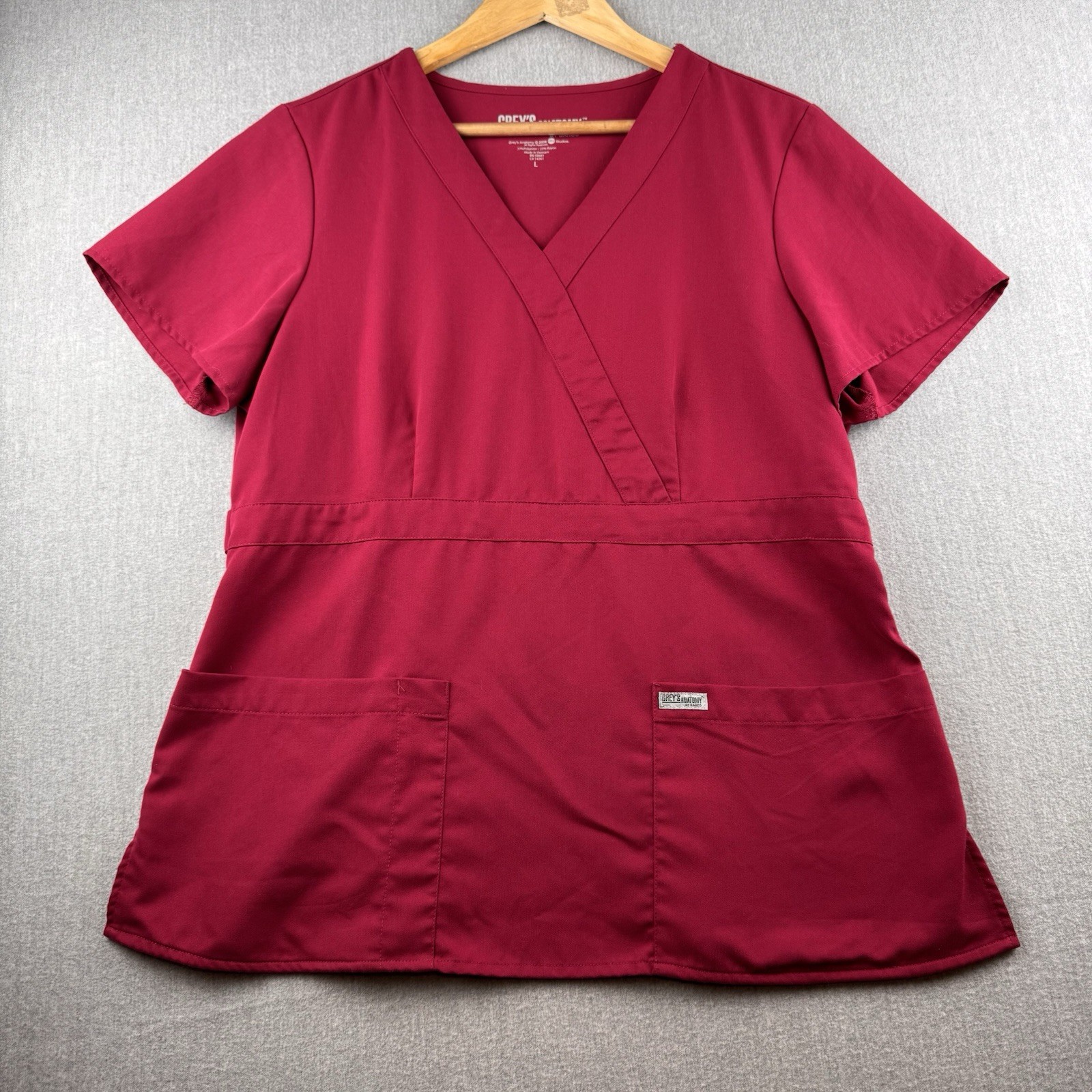 Grey’s Anatomy Scrub Top Women’s Large Burgundy Maroon Mock Wrap Medical Uniform