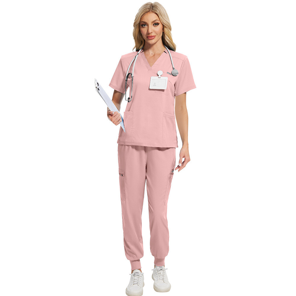 Unisex Stretch Jogger Scrub Set Solid V-Neck Top Men Women Jogger Nurse Uniform