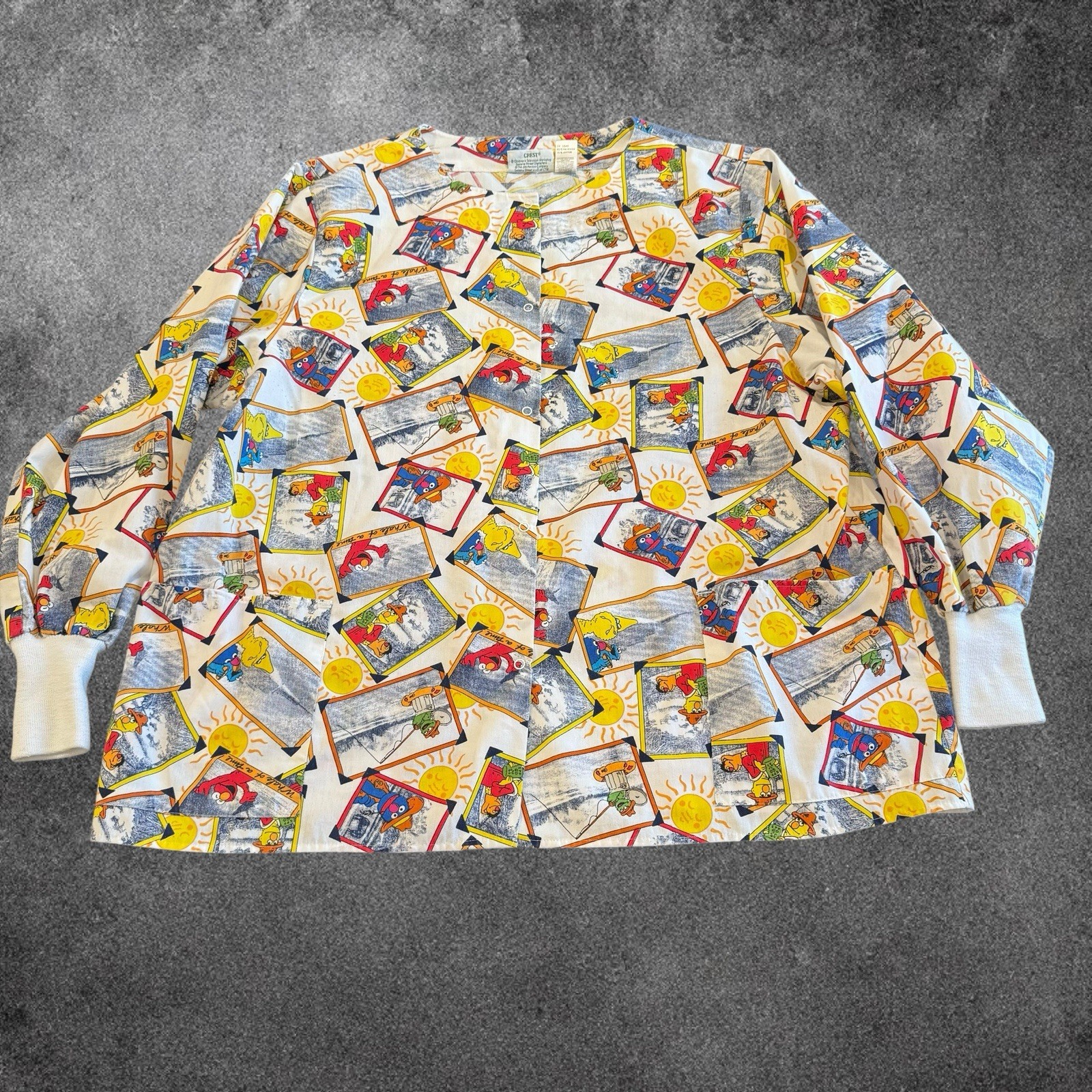 Vintage Sesame Street Scrub Top 2XL Cartoon All Over Print Big Bird Elmo Nurse