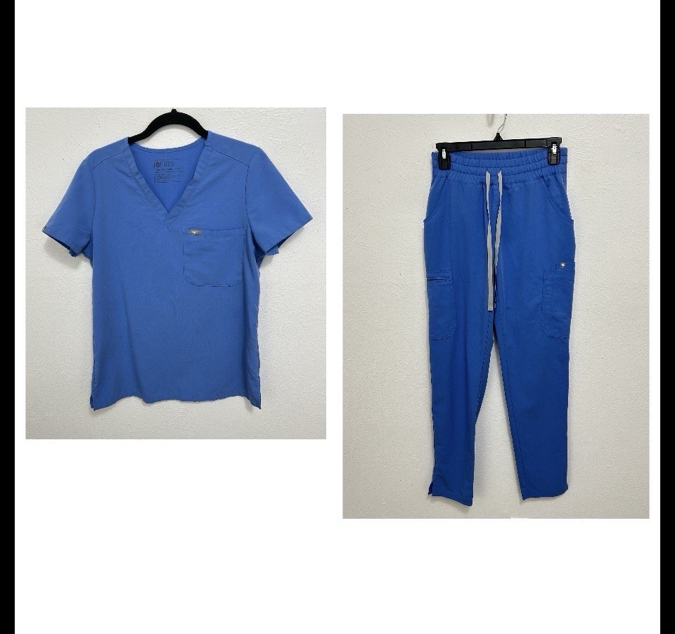 Figs Blue Catarina One-Pocket Scrub Top Sz XS Yola Skinny Scrub Pants Size XXS