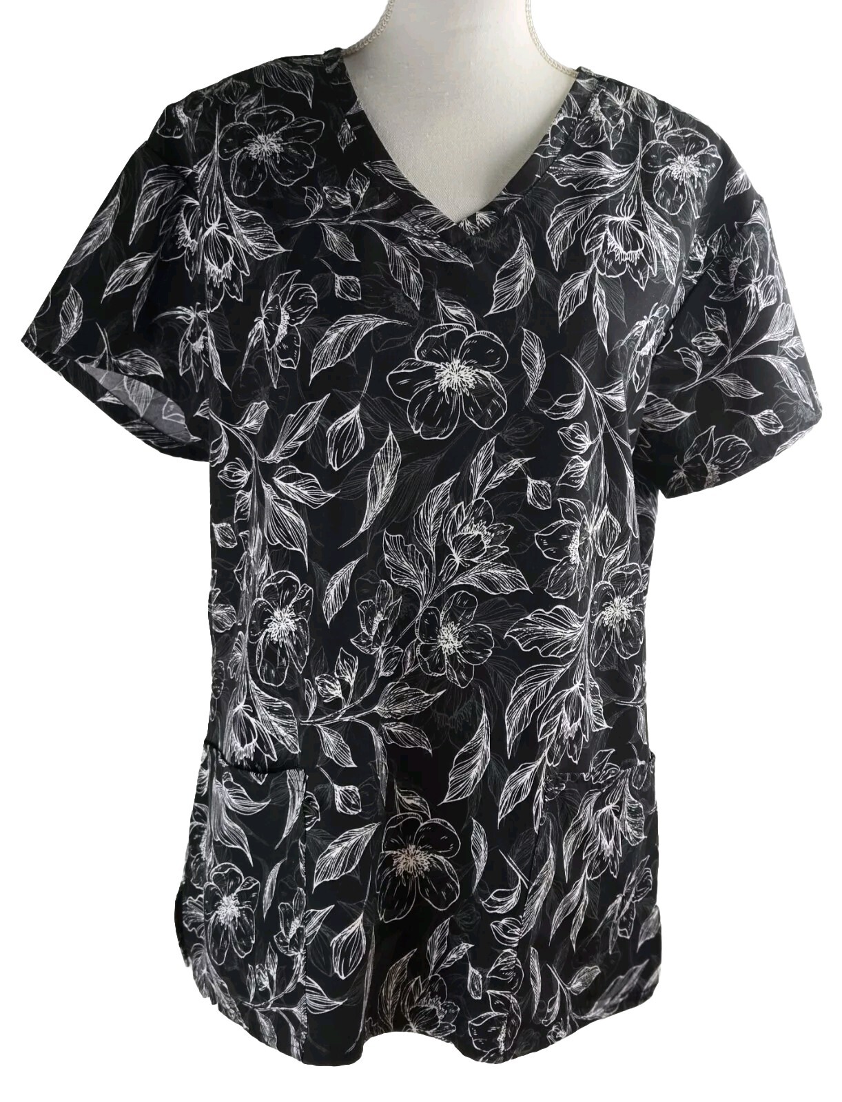 Divine Stretch Scrub Top Women Sz. LARGE Short Sleeve V-Neck Black/White ID Loop